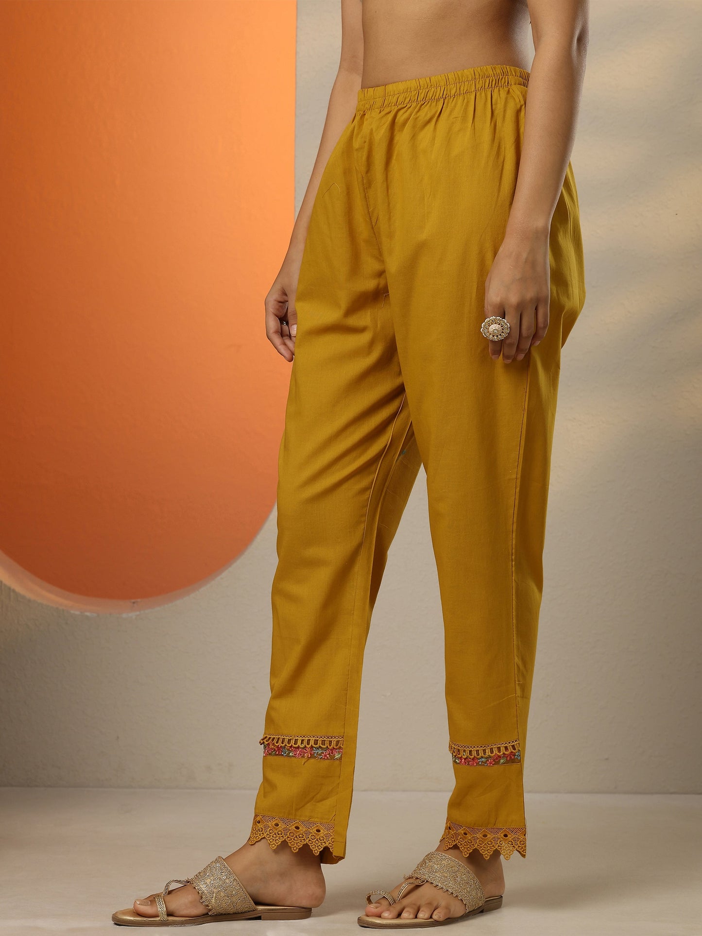 Mustard Embroidered Cotton Straight Suit Set With Dupatta