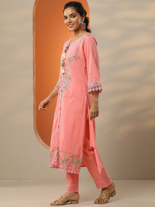Coral Embroidered Cotton Straight Suit Set With Dupatta