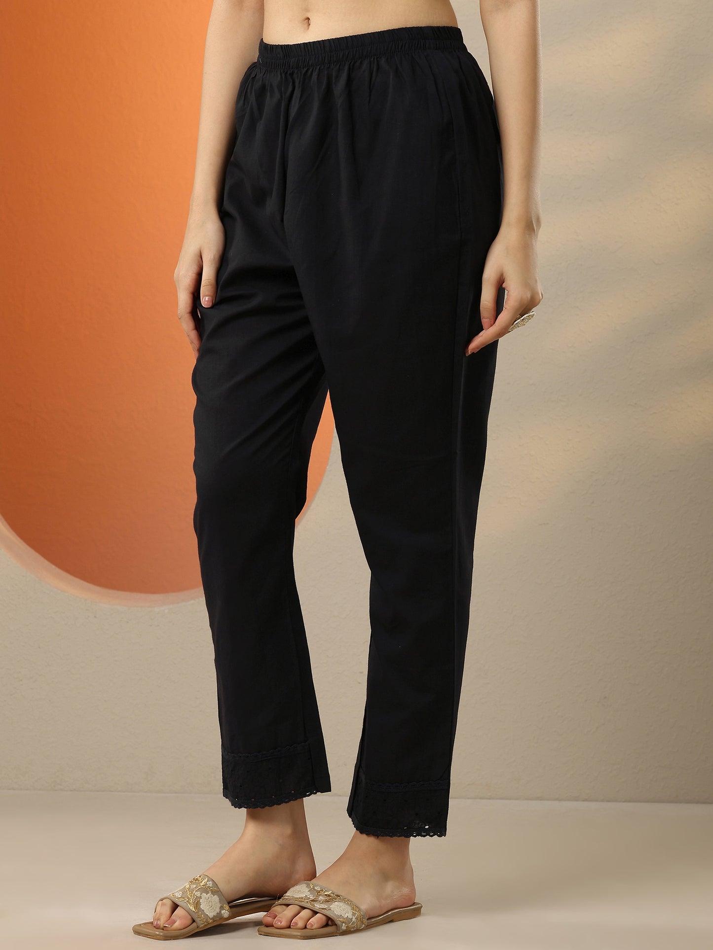 Black Embroidered Cotton Straight Suit Set With Dupatta