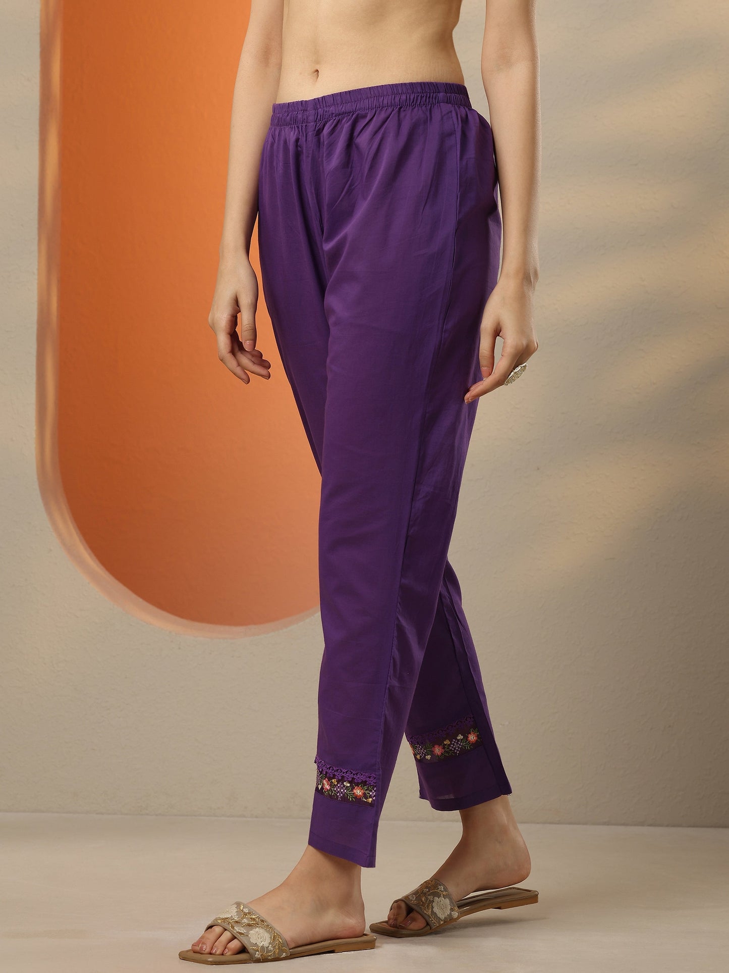 Purple Embroidered Cotton Straight Suit Set With Dupatta