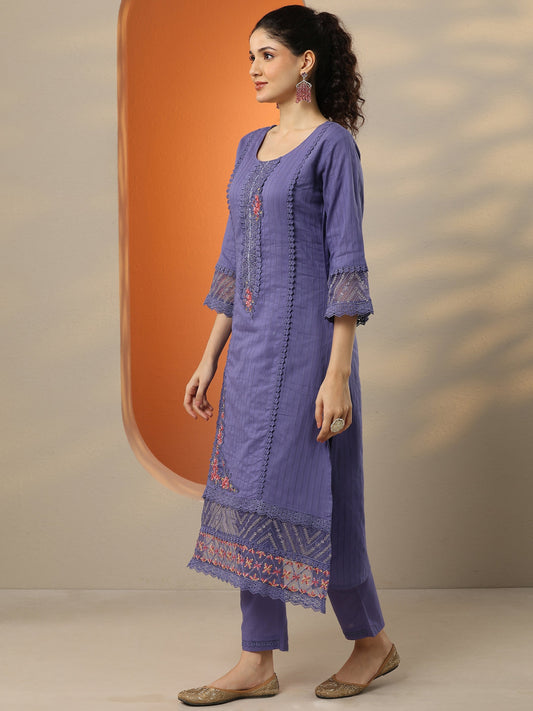Purple Embroidered Cotton Straight Suit Set With Dupatta