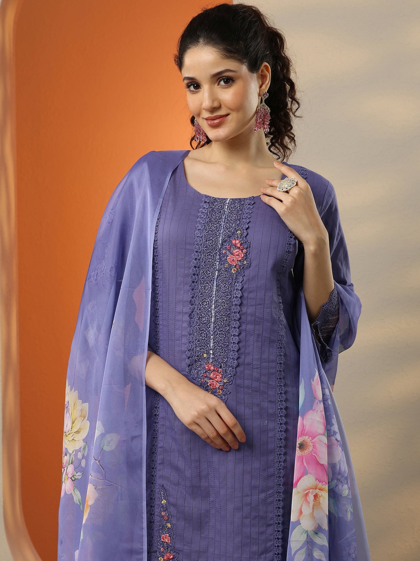 Purple Embroidered Cotton Straight Suit Set With Dupatta