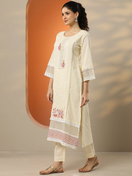 Off White Embroidered Cotton Straight Suit Set With Dupatta