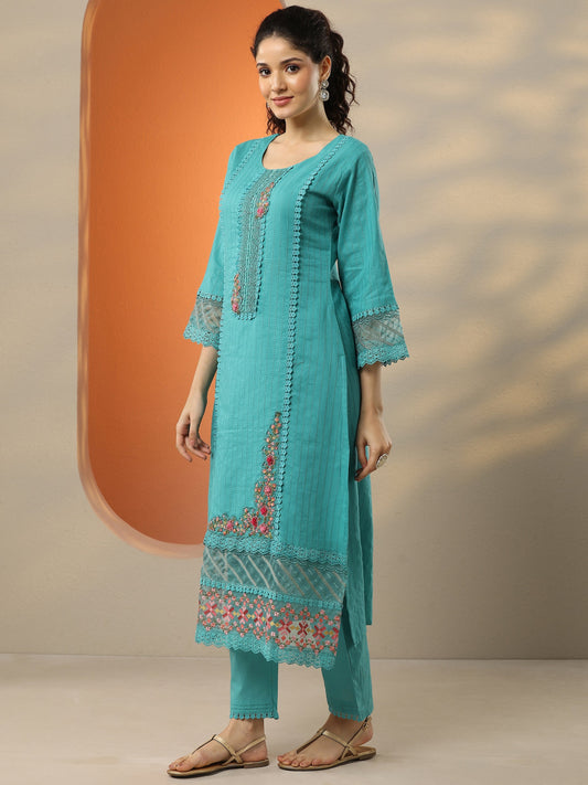 Blue Embroidered Cotton Straight Suit Set With Dupatta