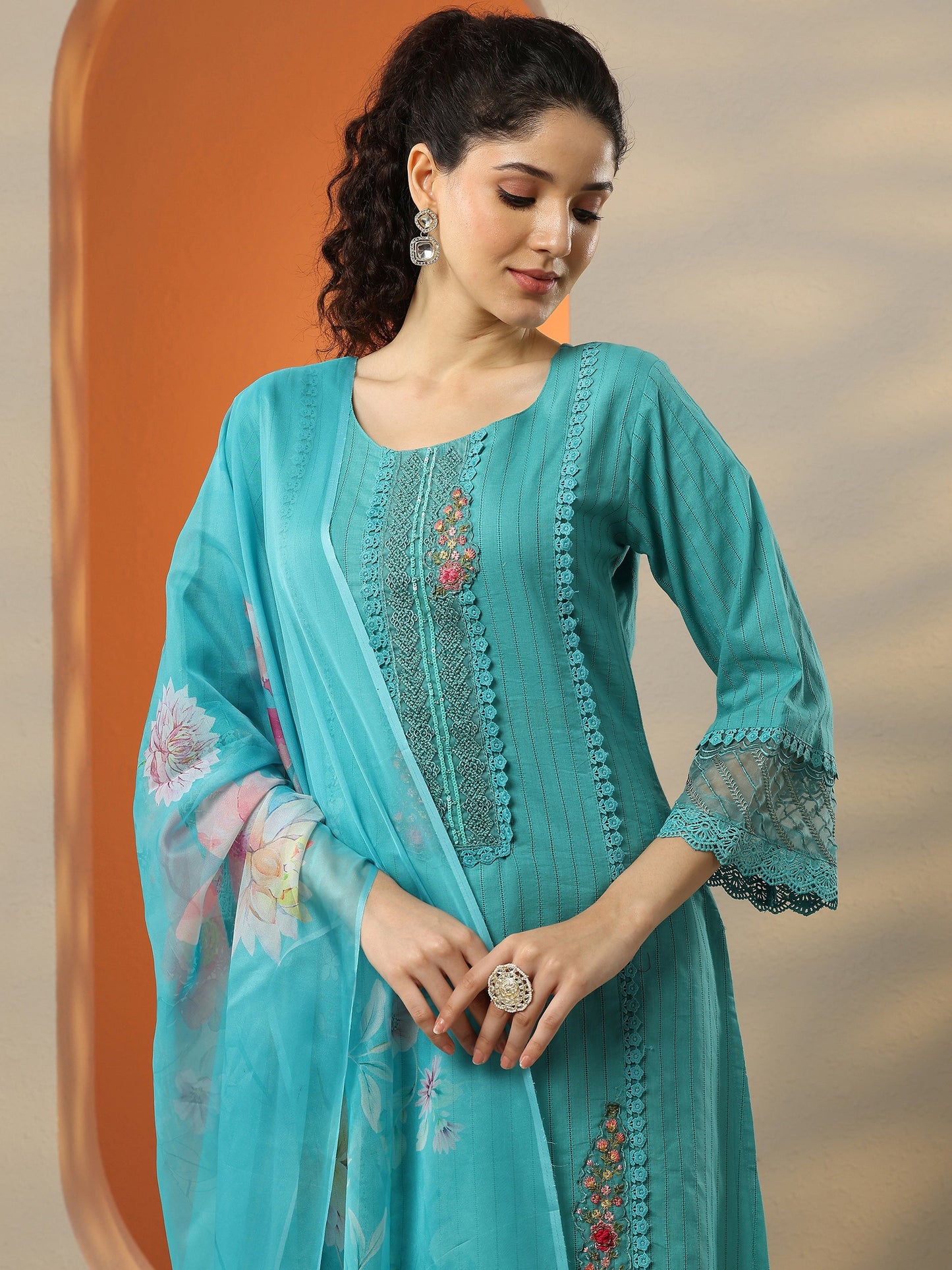 Blue Embroidered Cotton Straight Suit Set With Dupatta