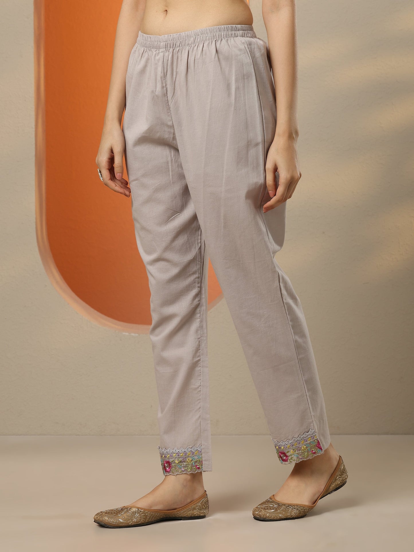 Grey Embroidered Cotton Straight Suit Set With Dupatta