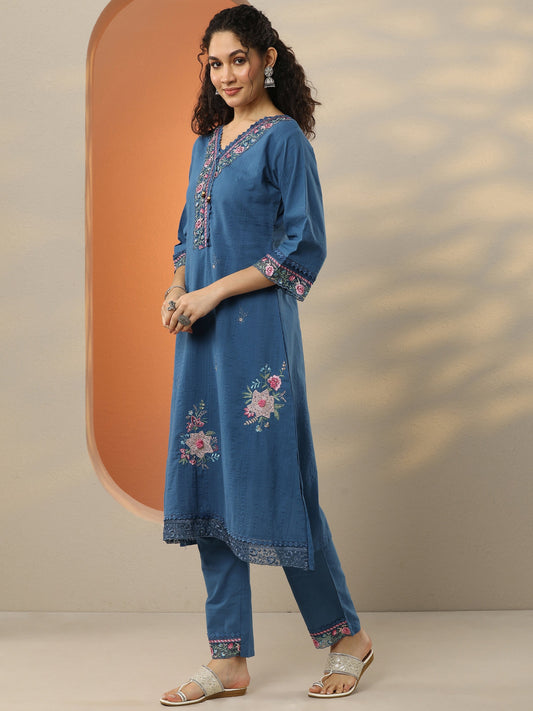 Blue Embroidered Cotton Blend A-Line Suit Set With Dupatta