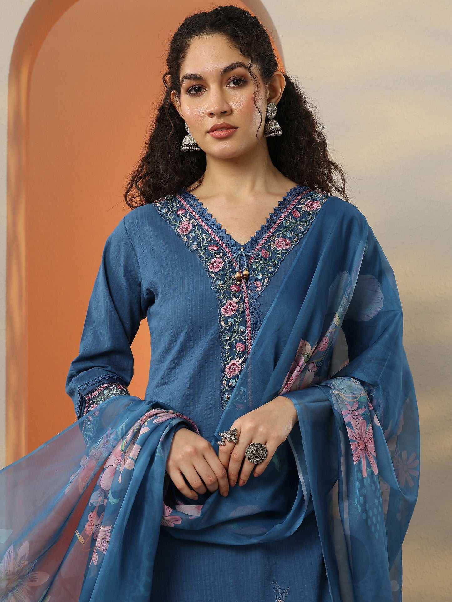 Blue Embroidered Cotton Blend A-Line Suit Set With Dupatta