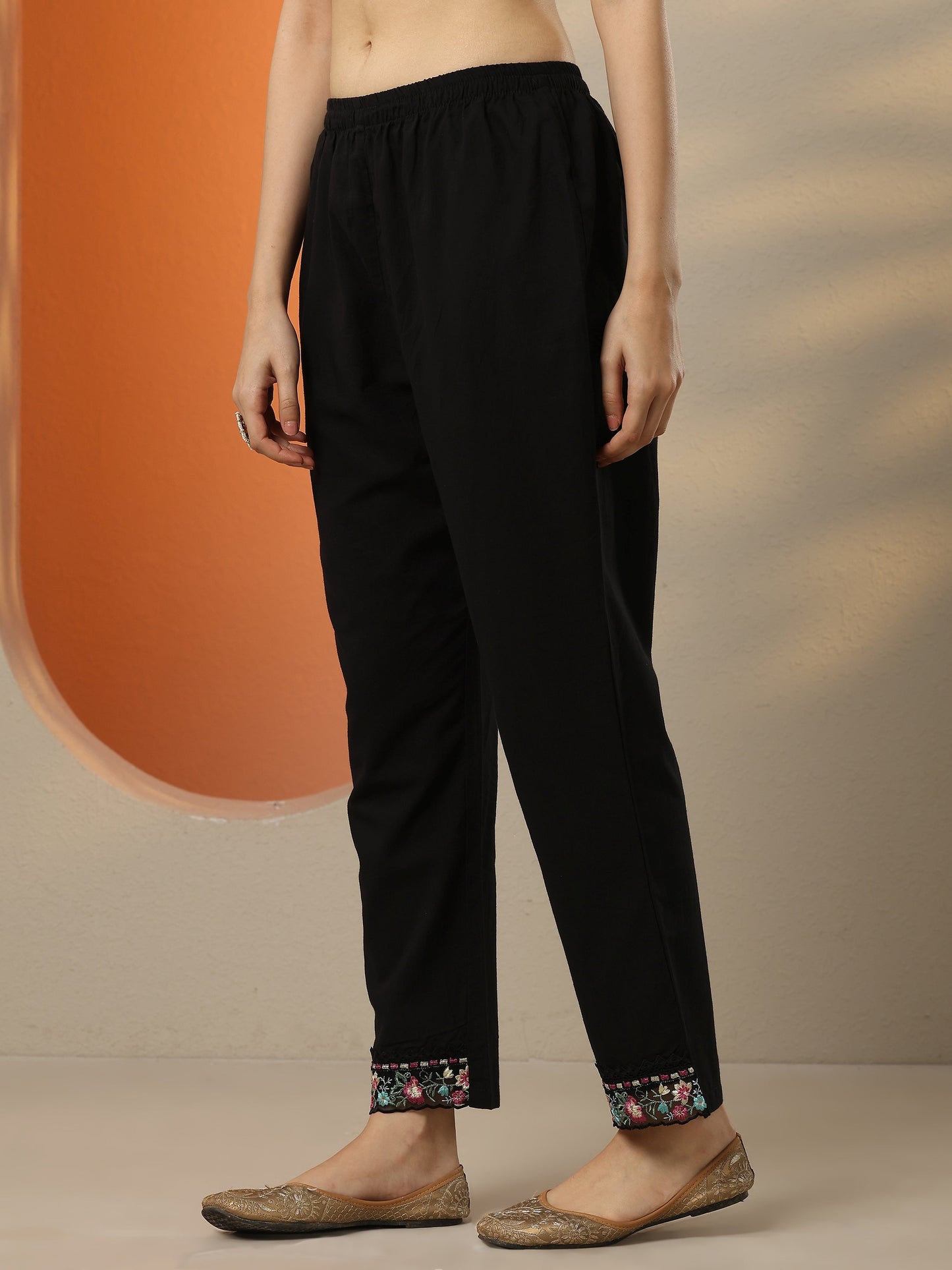 Black Embroidered Cotton Straight Suit Set With Dupatta