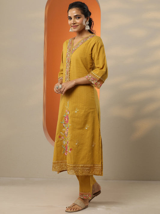 Mustard Embroidered Cotton Straight Suit Set With Dupatta