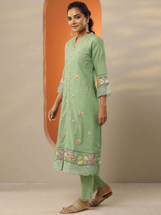 Green Embroidered Cotton Straight Suit Set With Dupatta