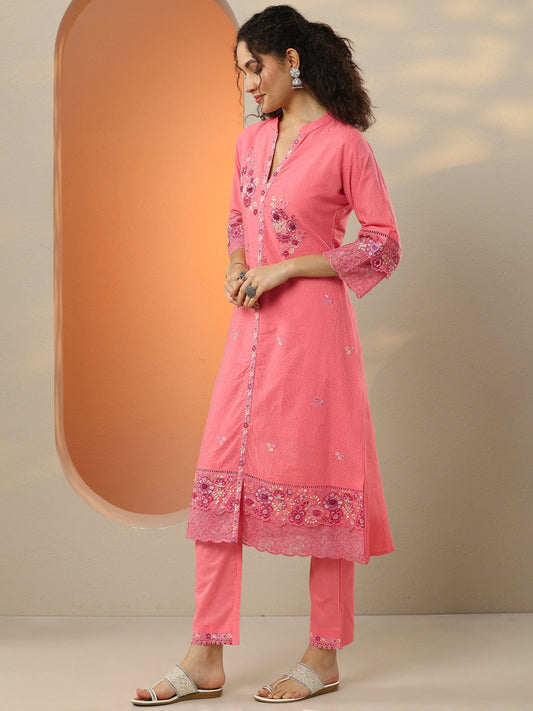 Coral Embroidered Cotton Blend A-Line Suit Set With Dupatta