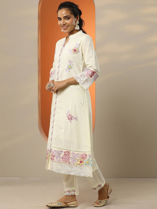Off White Embroidered Cotton Straight Suit Set With Dupatta