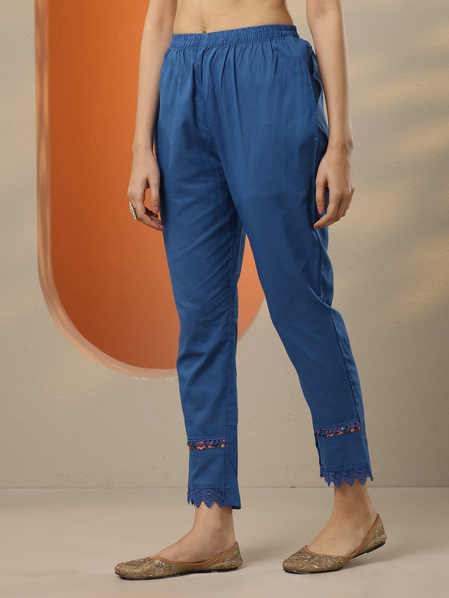 Blue Embroidered Cotton Straight Suit Set With Dupatta