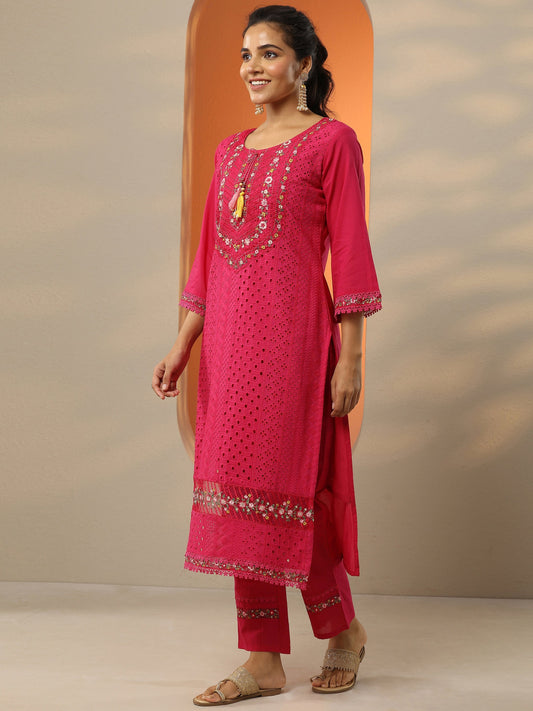 Magenta Embroidered Cotton Straight Suit Set With Dupatta