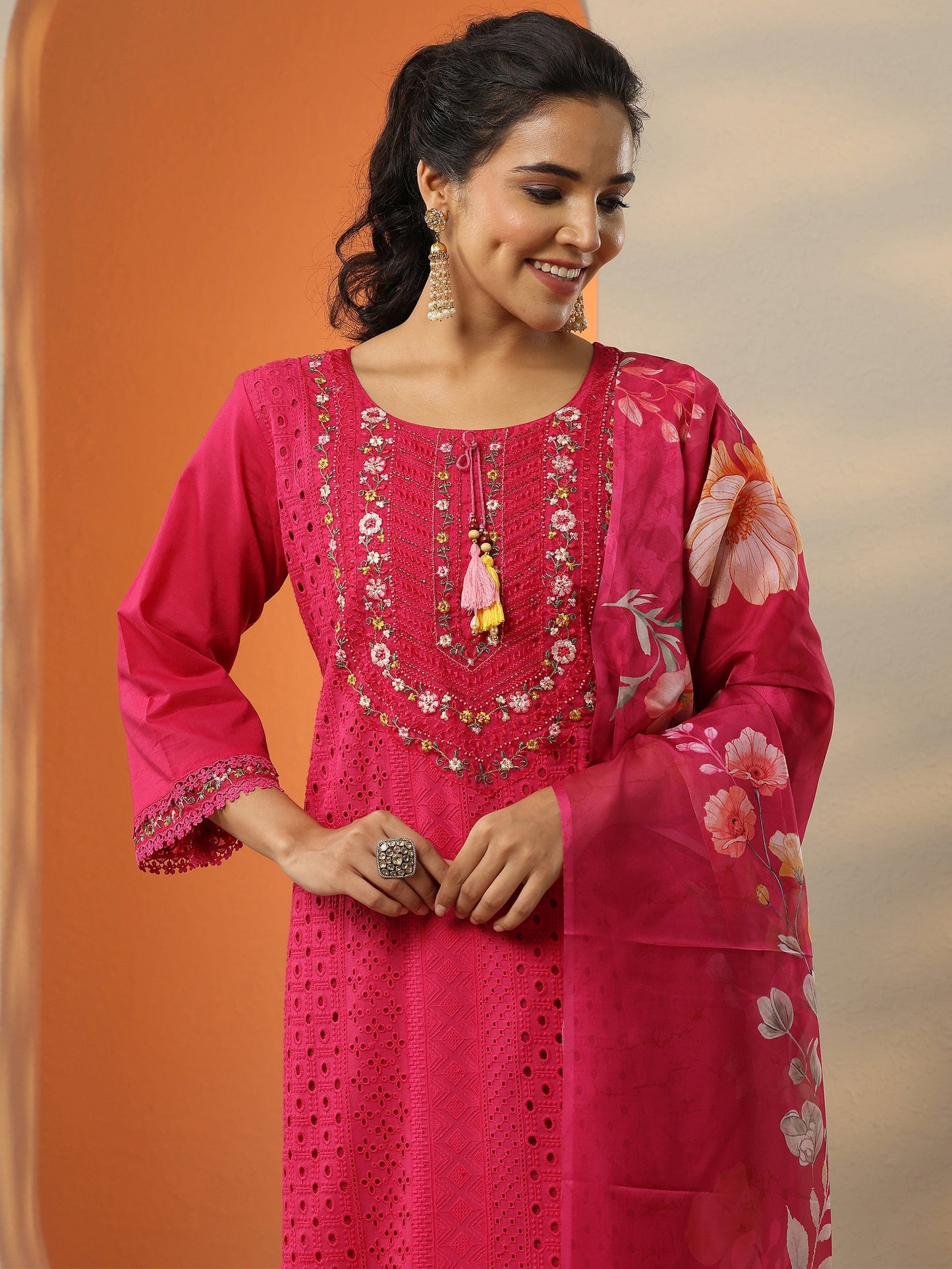 Magenta Embroidered Cotton Straight Suit Set With Dupatta