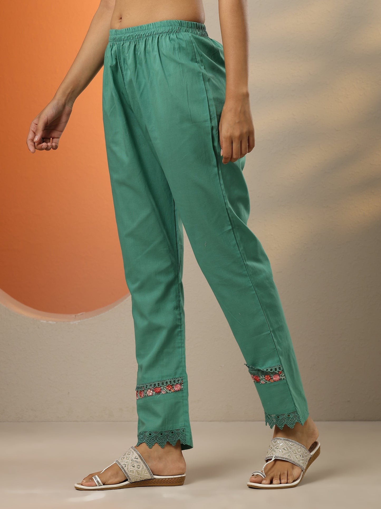 Green Embroidered Cotton Straight Suit Set With Dupatta