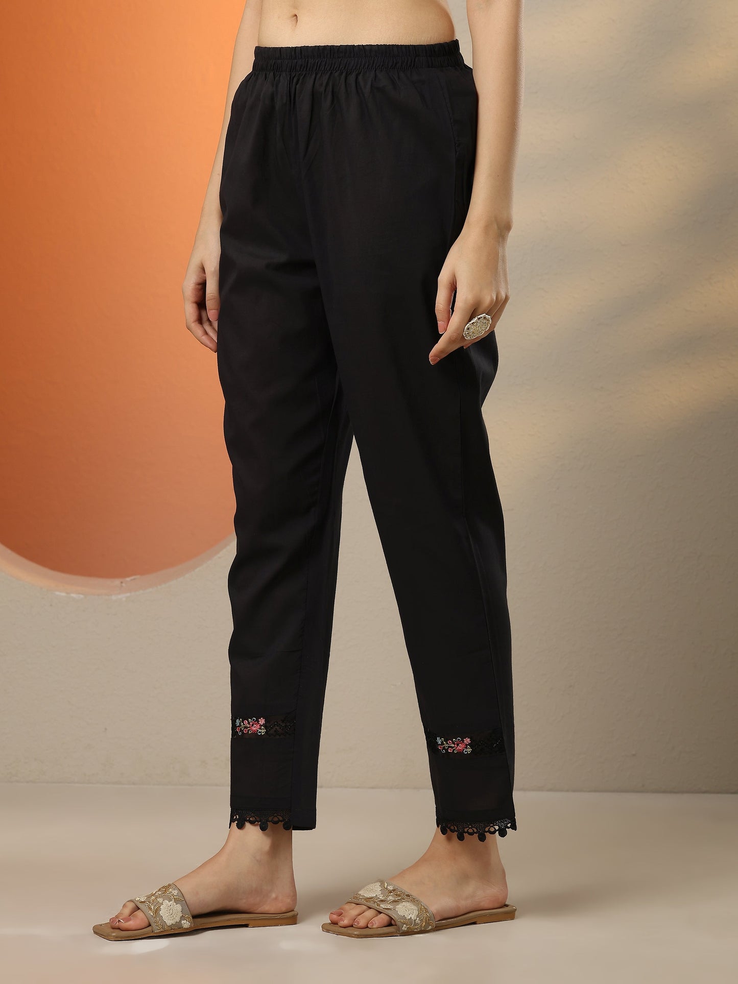 Black Embroidered Cotton Straight Suit Set With Dupatta