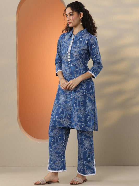 Blue Printed Cotton Blend Co-Ord Sets