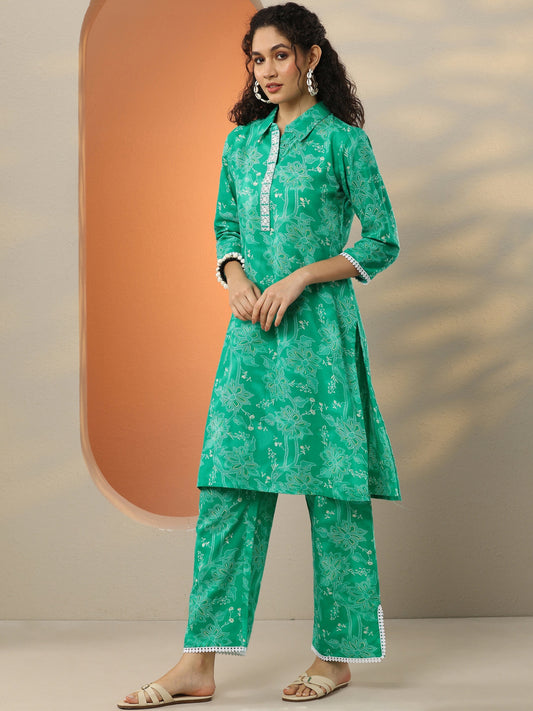Green Printed Cotton Blend Co-Ord Sets