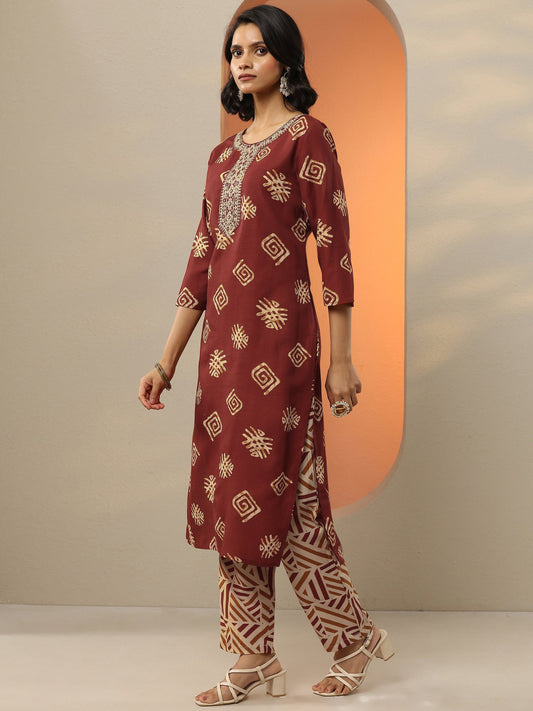 Maroon Printed Cotton Blend Straight Suit Set With Dupatta