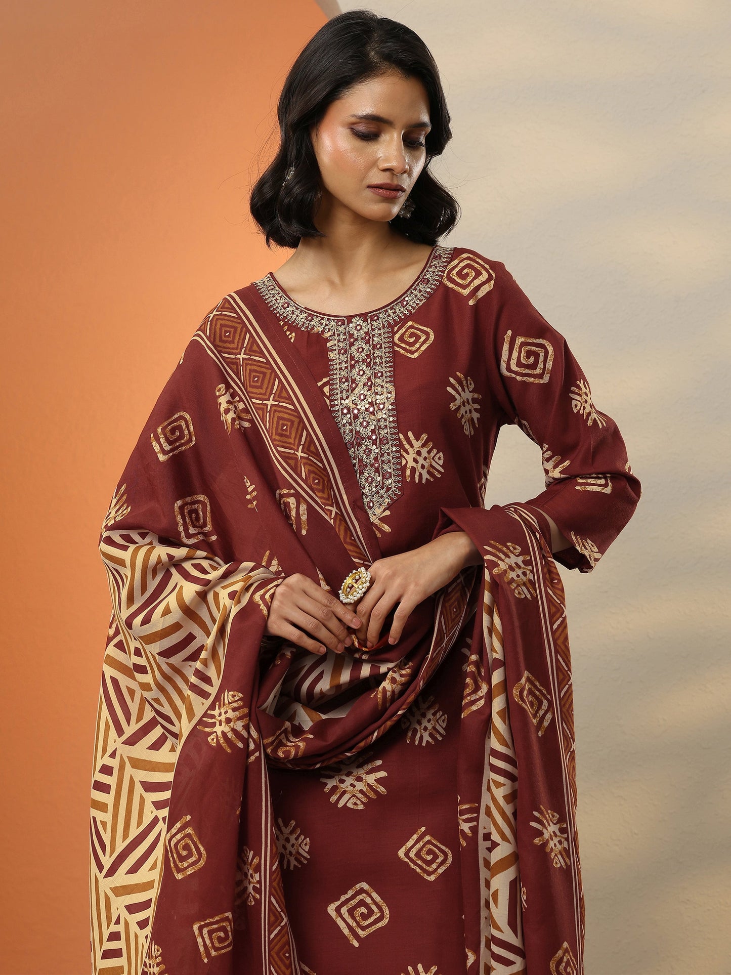 Maroon Printed Cotton Blend Straight Suit Set With Dupatta