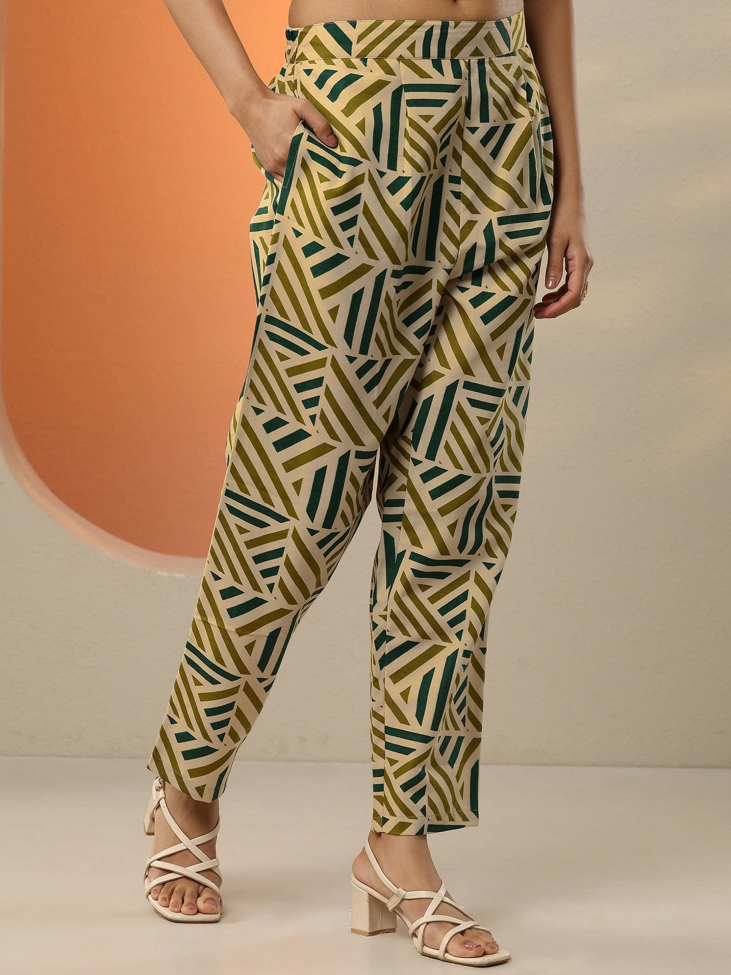 Green Printed Cotton Blend Straight Suit Set With Dupatta