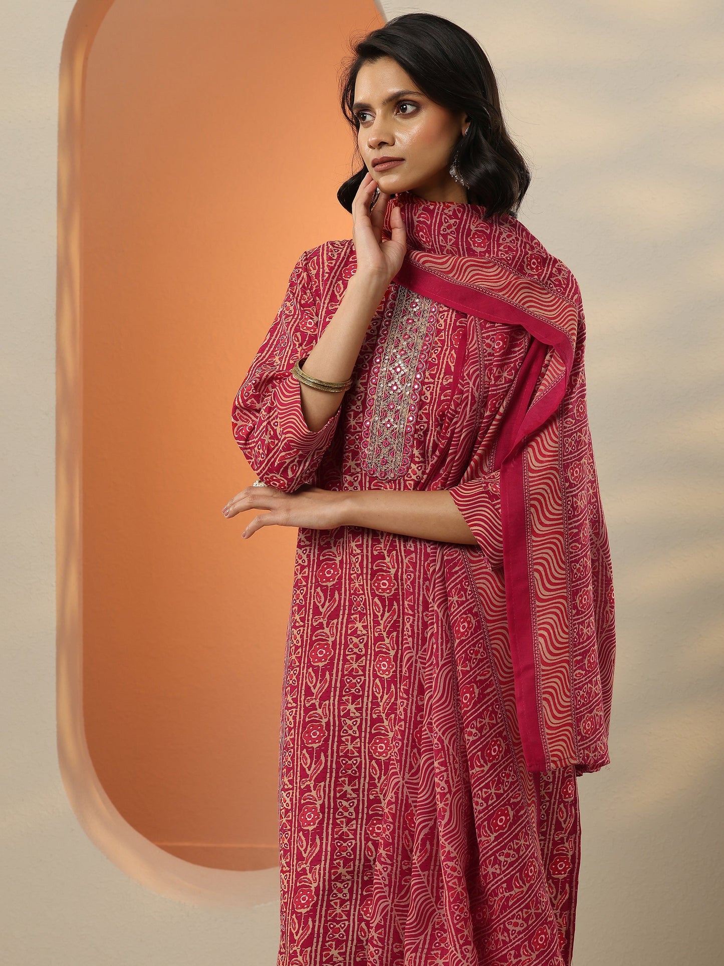 Pink Printed Cotton Blend Straight Suit Set With Dupatta