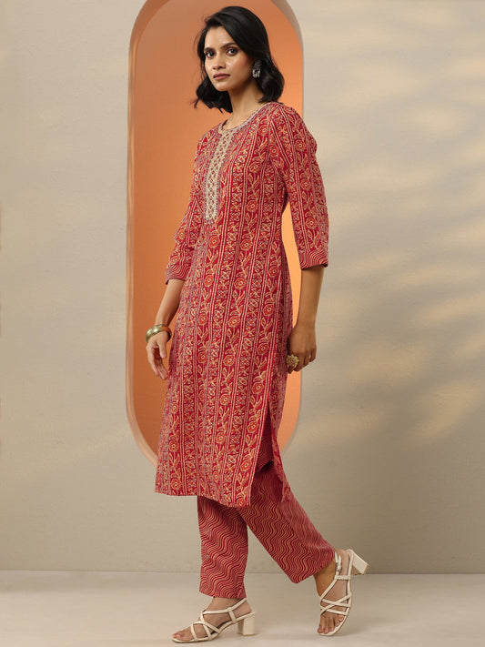 Red Printed Cotton Blend Straight Suit Set With Dupatta