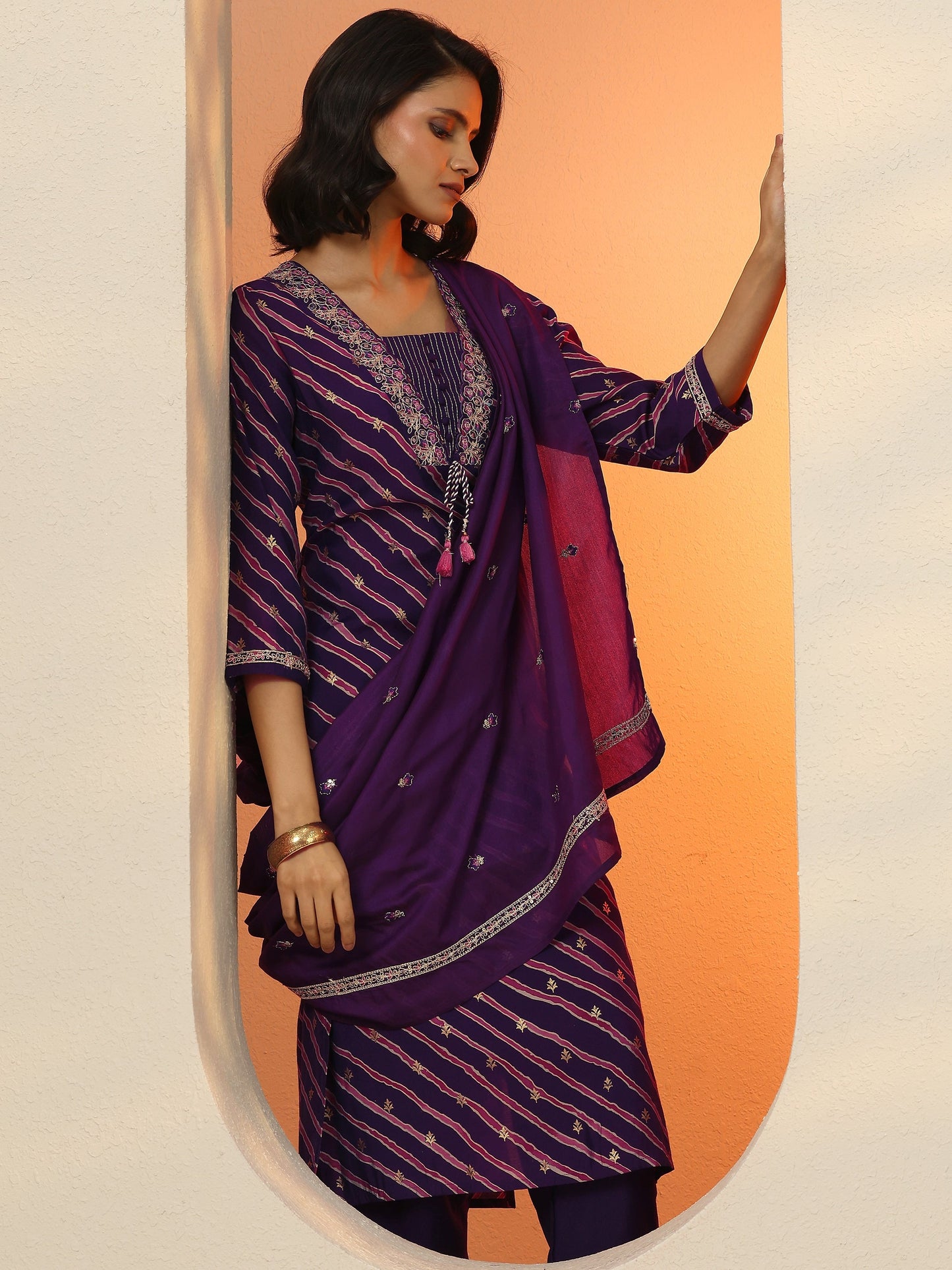 Purple Printed Silk Blend Straight Suit Set With Dupatta
