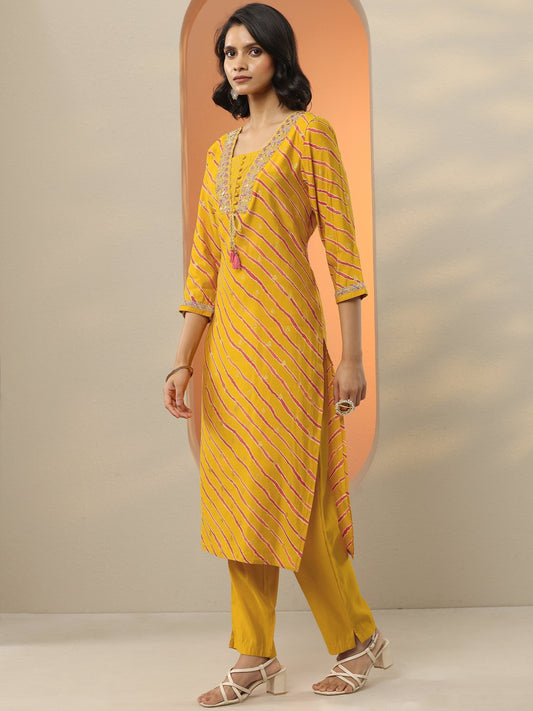 Mustard Printed Silk Blend Straight Suit Set With Dupatta