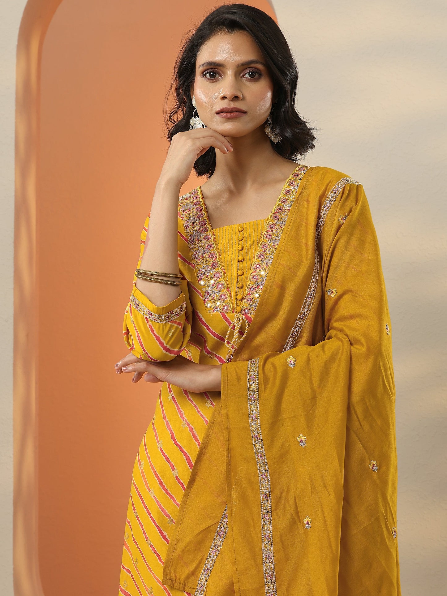 Mustard Printed Silk Blend Straight Suit Set With Dupatta