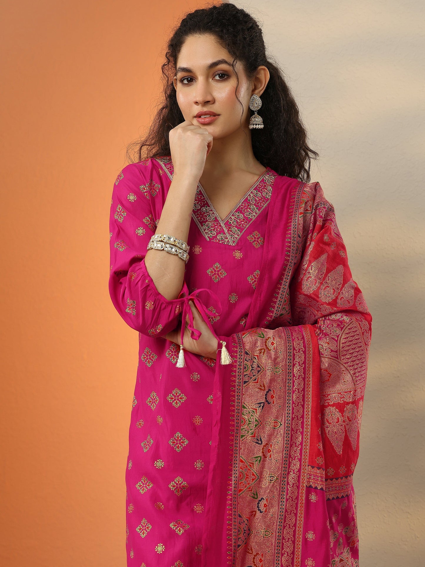 Pink Printed Silk Blend Straight Suit Set With Dupatta