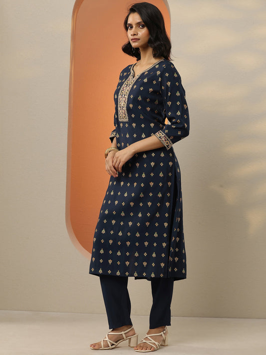 Blue Printed Silk Blend Straight Suit Set With Dupatta