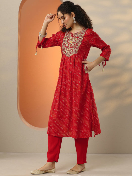 Red Printed Silk Blend A-Line Suit Set With Dupatta