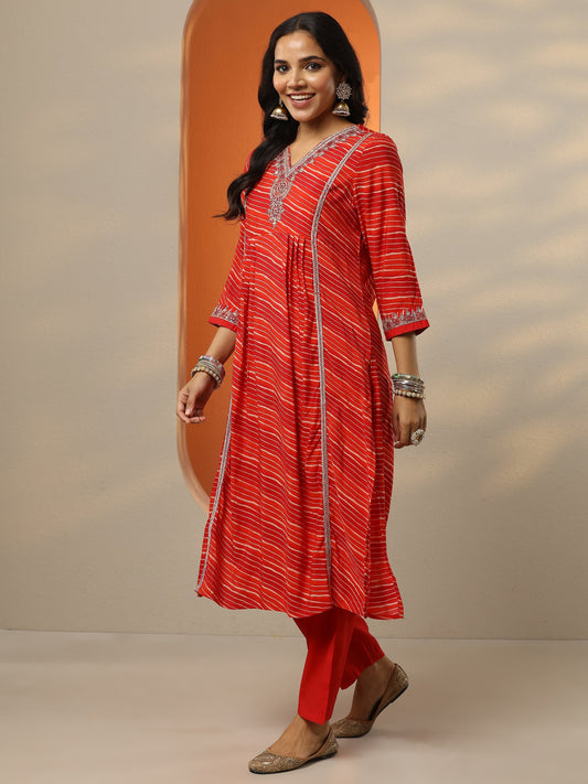 Orange Printed Silk blend Straight Suit Set With Dupatta