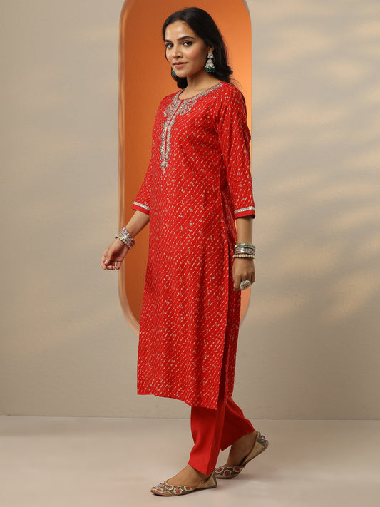 Red Printed Silk blend Straight Suit Set With Dupatta