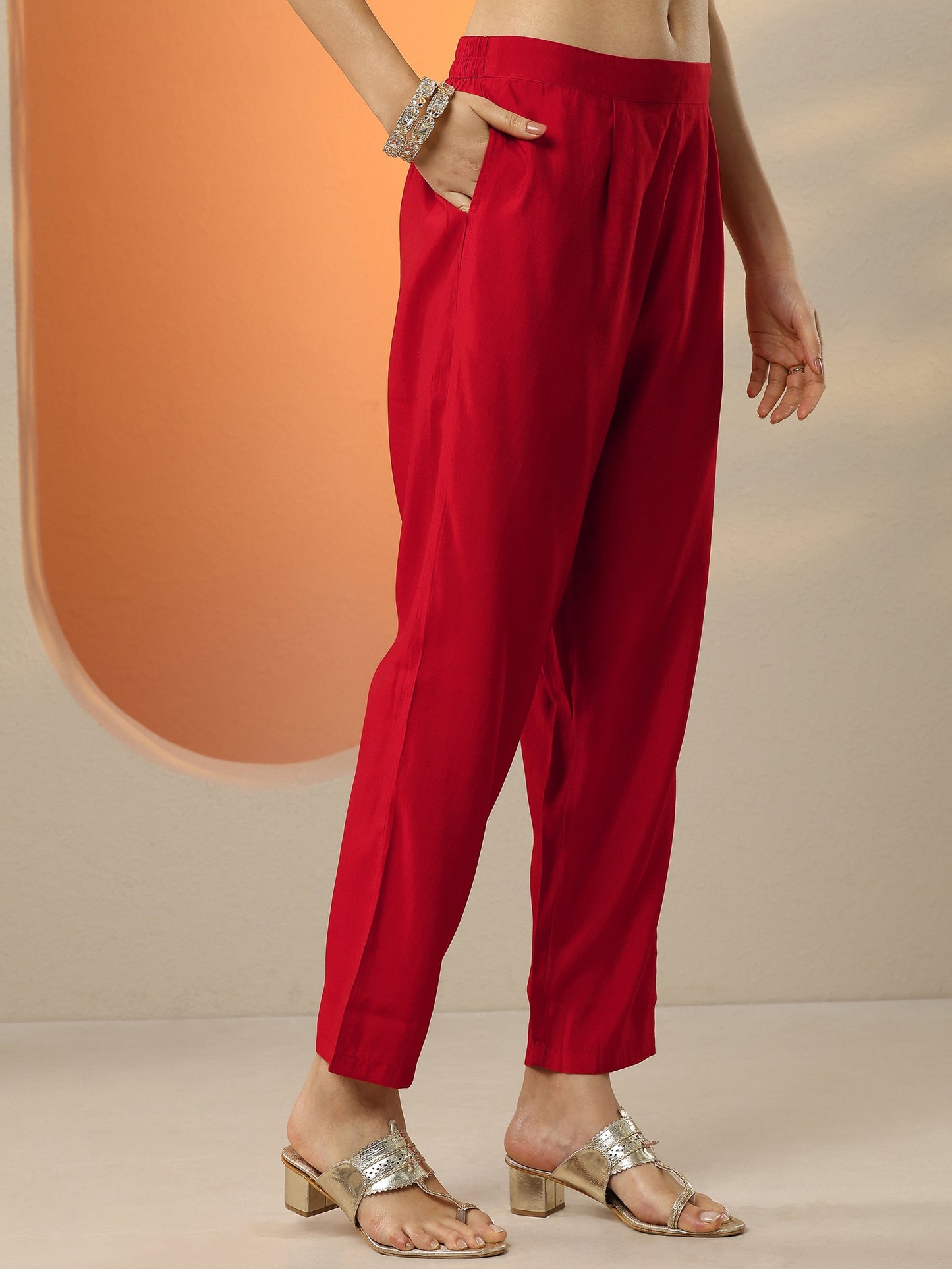 Red Printed Silk Blend A-Line Suit Set With Dupatta