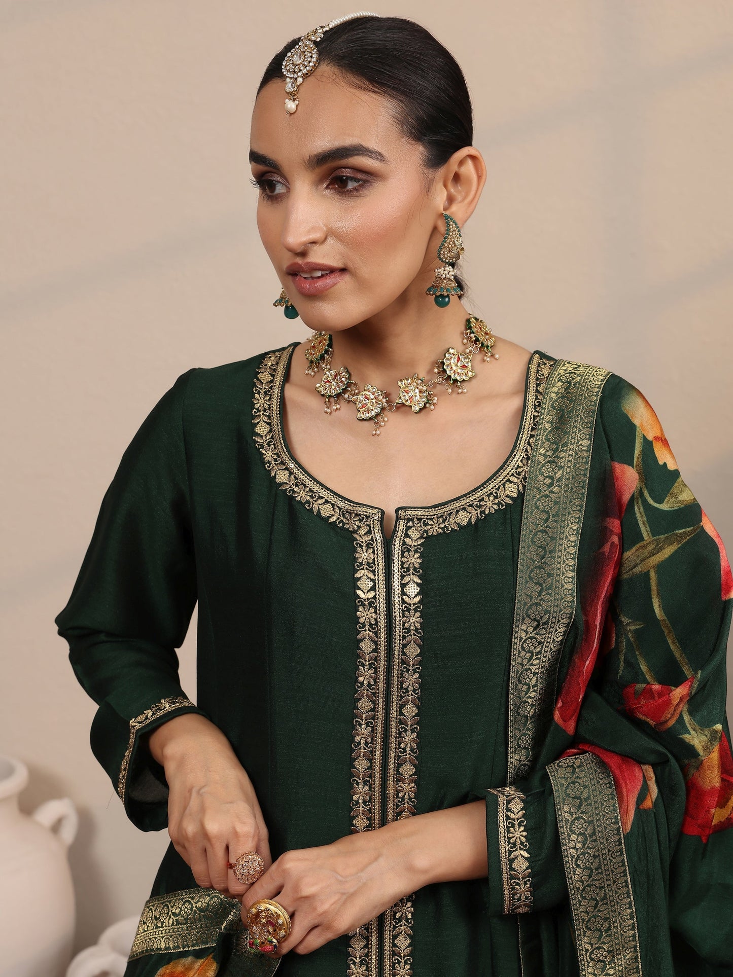 Green Embroidered Silk Blend A-Line Suit Set With Dupatta