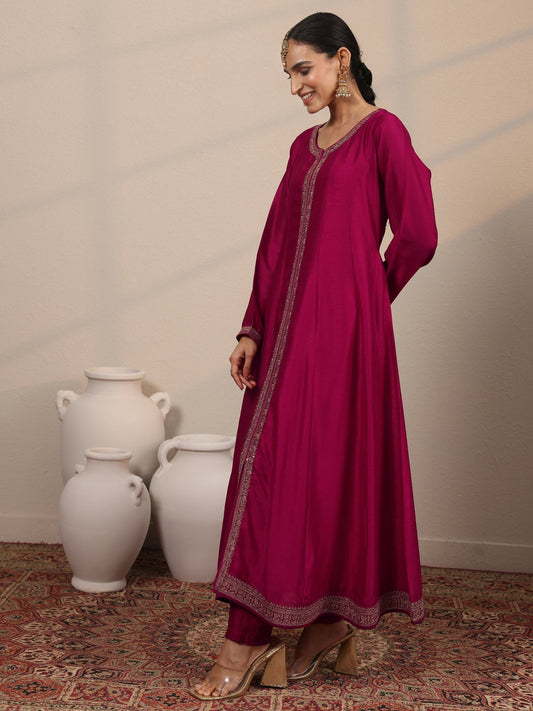 Magenta Embroidered Silk Blend A-Line Suit Set With Dupatta