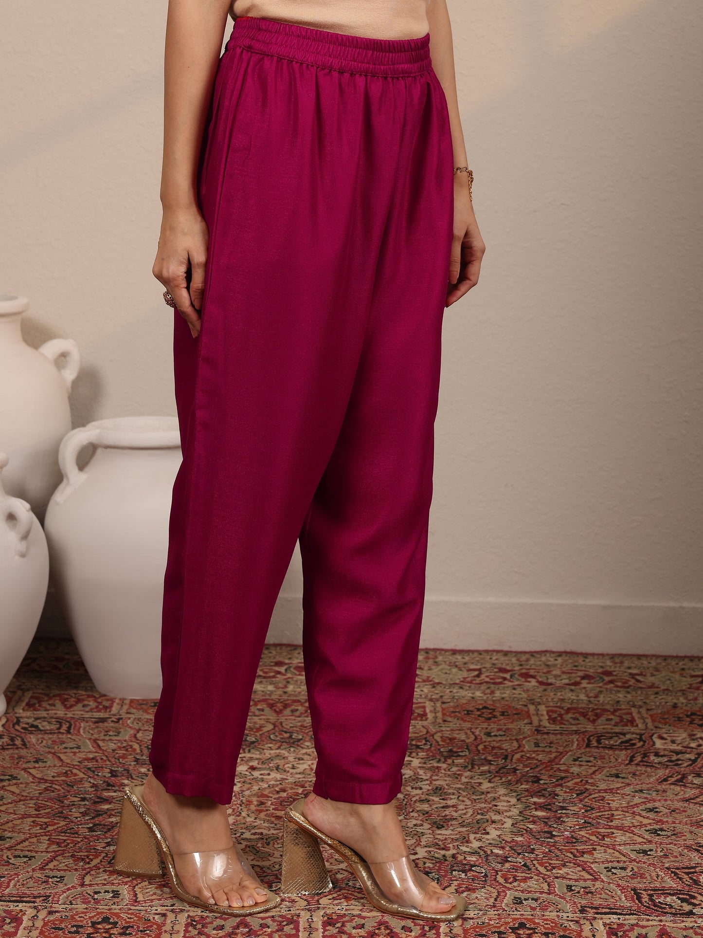 Magenta Embroidered Silk Blend A-Line Suit Set With Dupatta