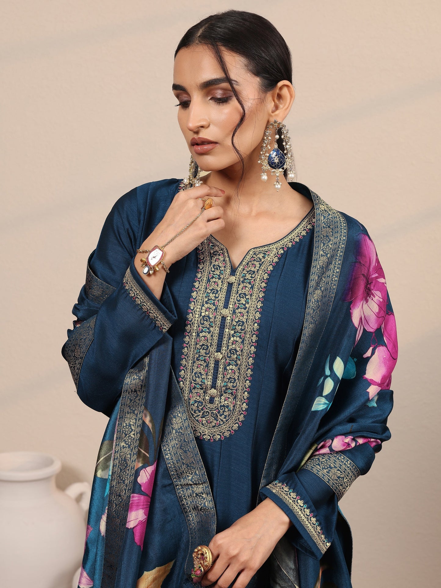 Navy Blue Embroidered Silk Blend A-Line Gown With Dupatta