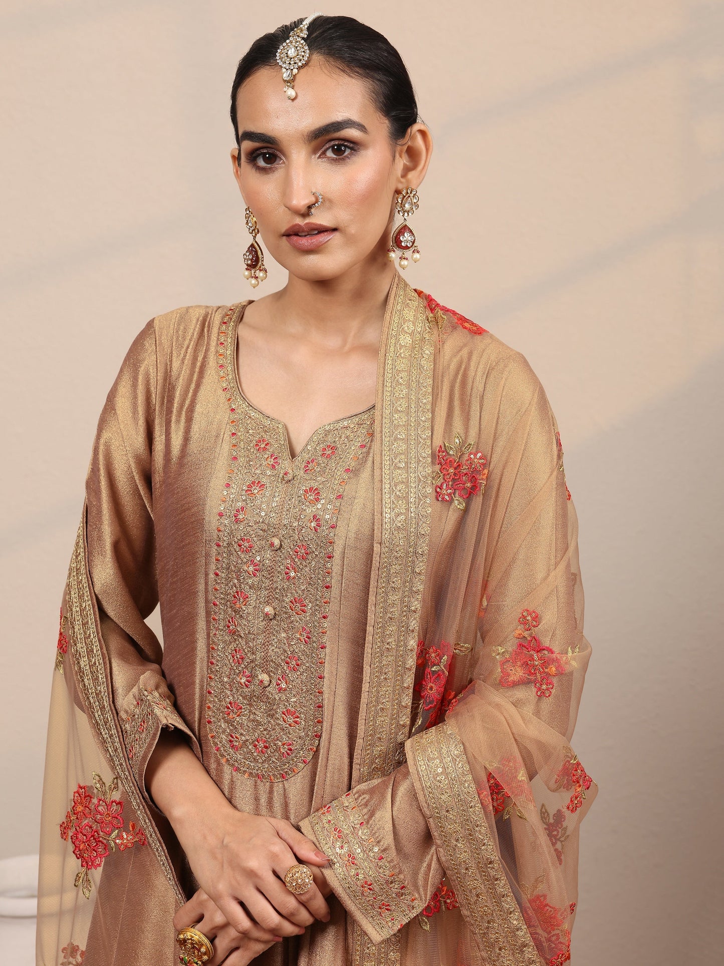 Taupe Embroidered Silk Blend A-Line Gown With Dupatta