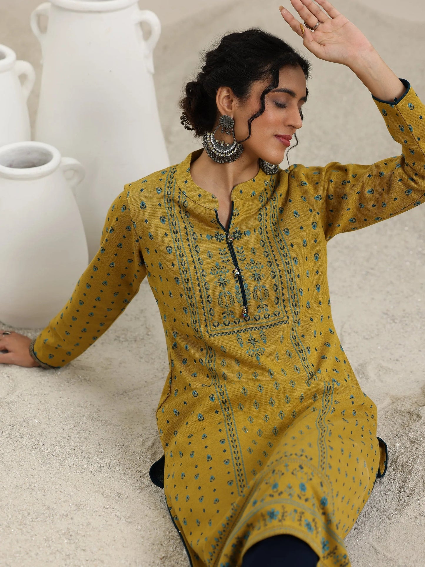 Mustard Woven Design Wool Straight Kurta