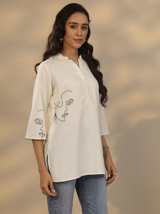 White Printed Rayon Straight Short Kurti