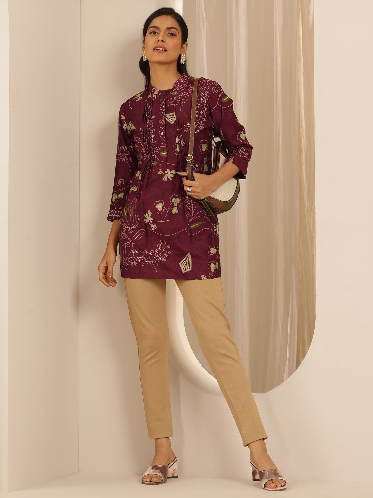 Maroon Printed Silk Blend Straight Short Kurti