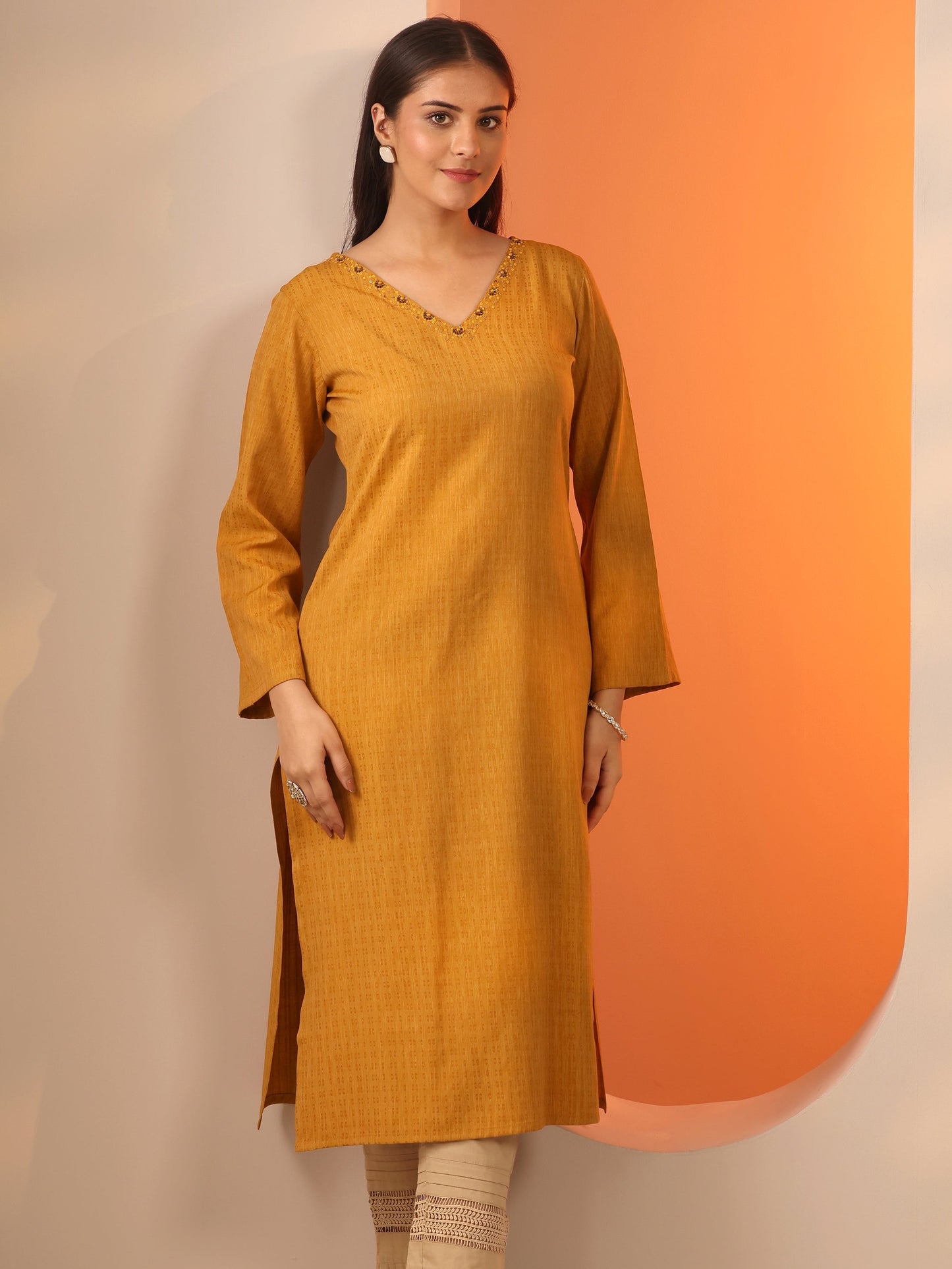 Mustard Solid Rayon Straight Kurta