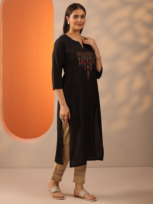 Black Embroidered Silk Blend Straight Kurta