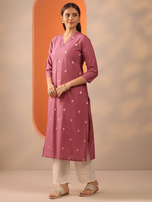 Mauve Embroidered Silk Blend Straight Kurta