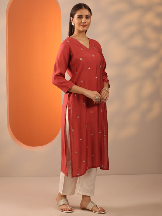 Rust Embroidered Silk Blend Straight Kurta